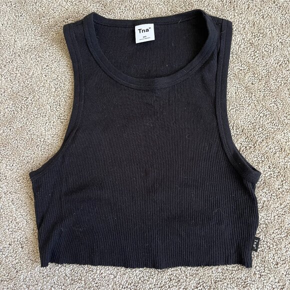 Aritzia TNA Black Tank Top Cotton Ribbed Round Neck Cropped Raw Edge Size 2XS - Picture 1 of 4